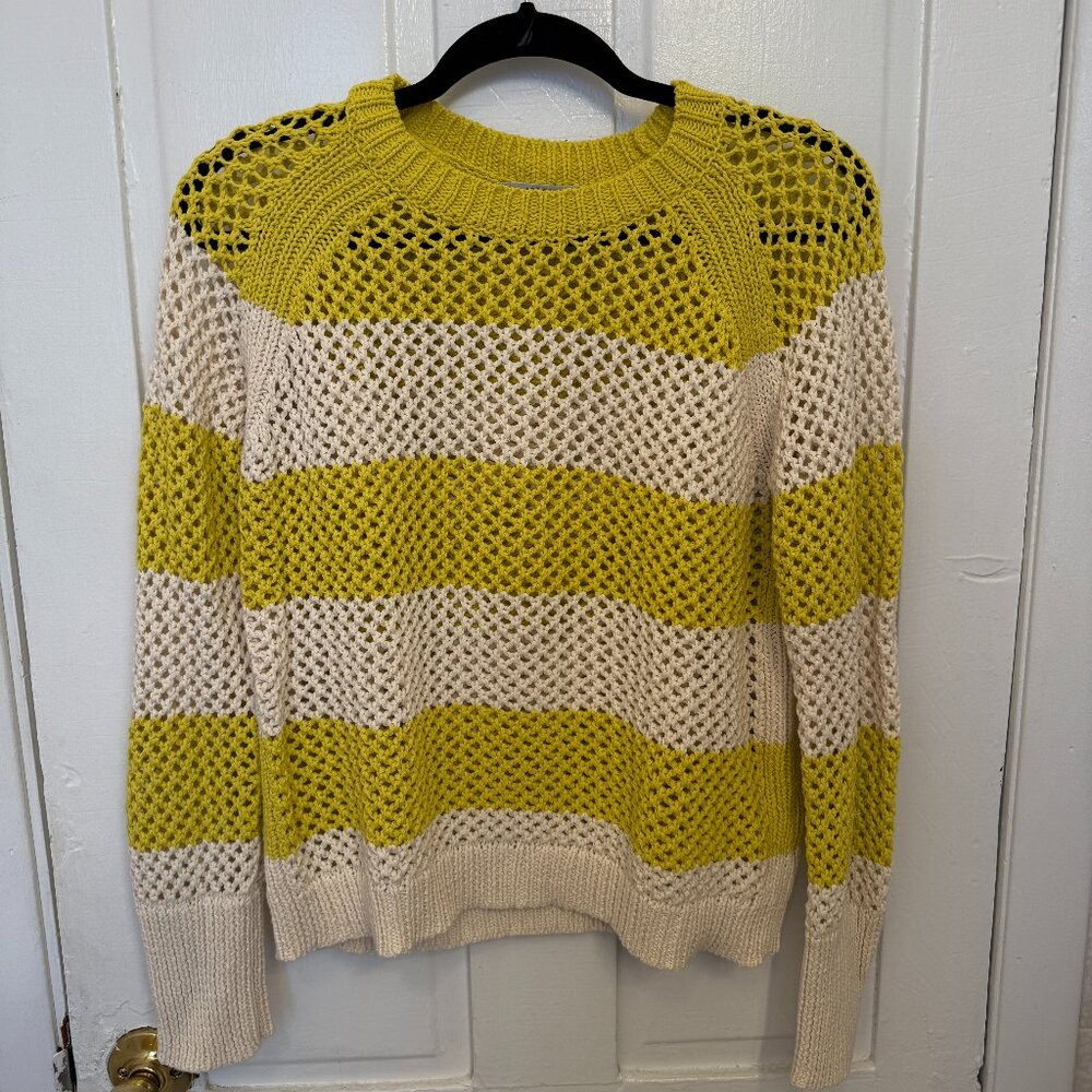 All Saints Lou Mesh Knit Sweater Yellow White Stripe 100% Cotton Size S